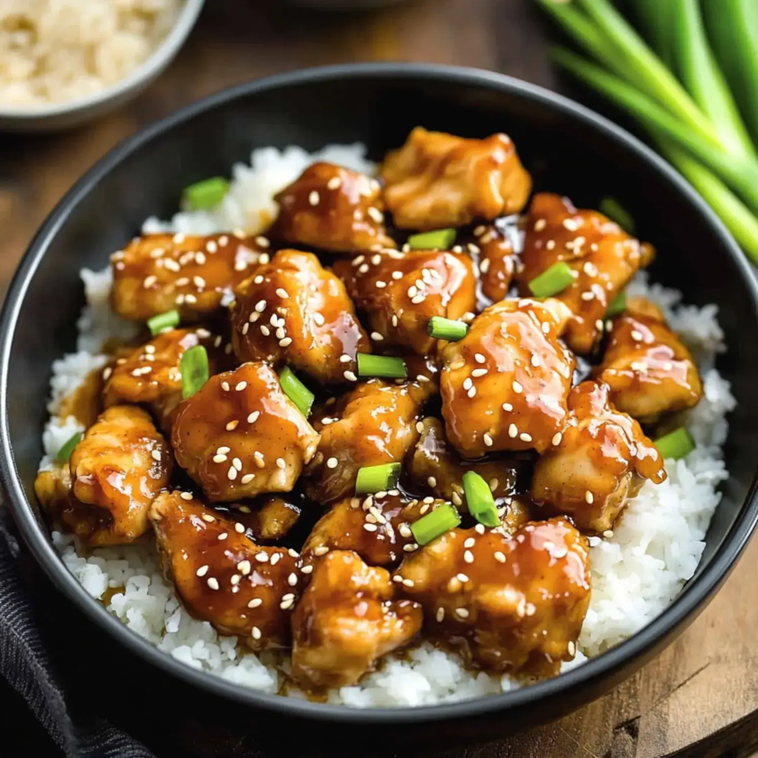 A bowl of chicken coated in a glossy sauce, garnished with sesame seeds and green onions, served over a bed of white rice.