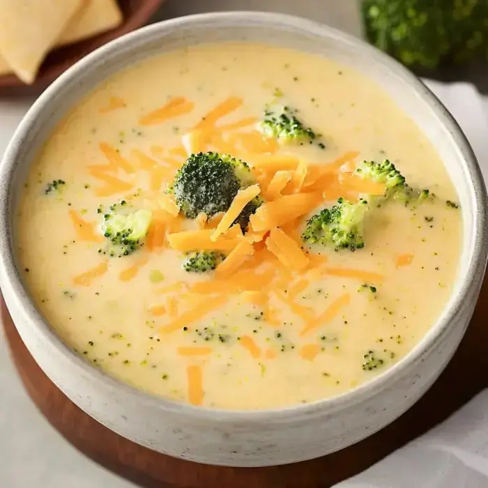 A bowl of creamy broccoli cheddar soup garnished with broccoli florets and shredded cheese.