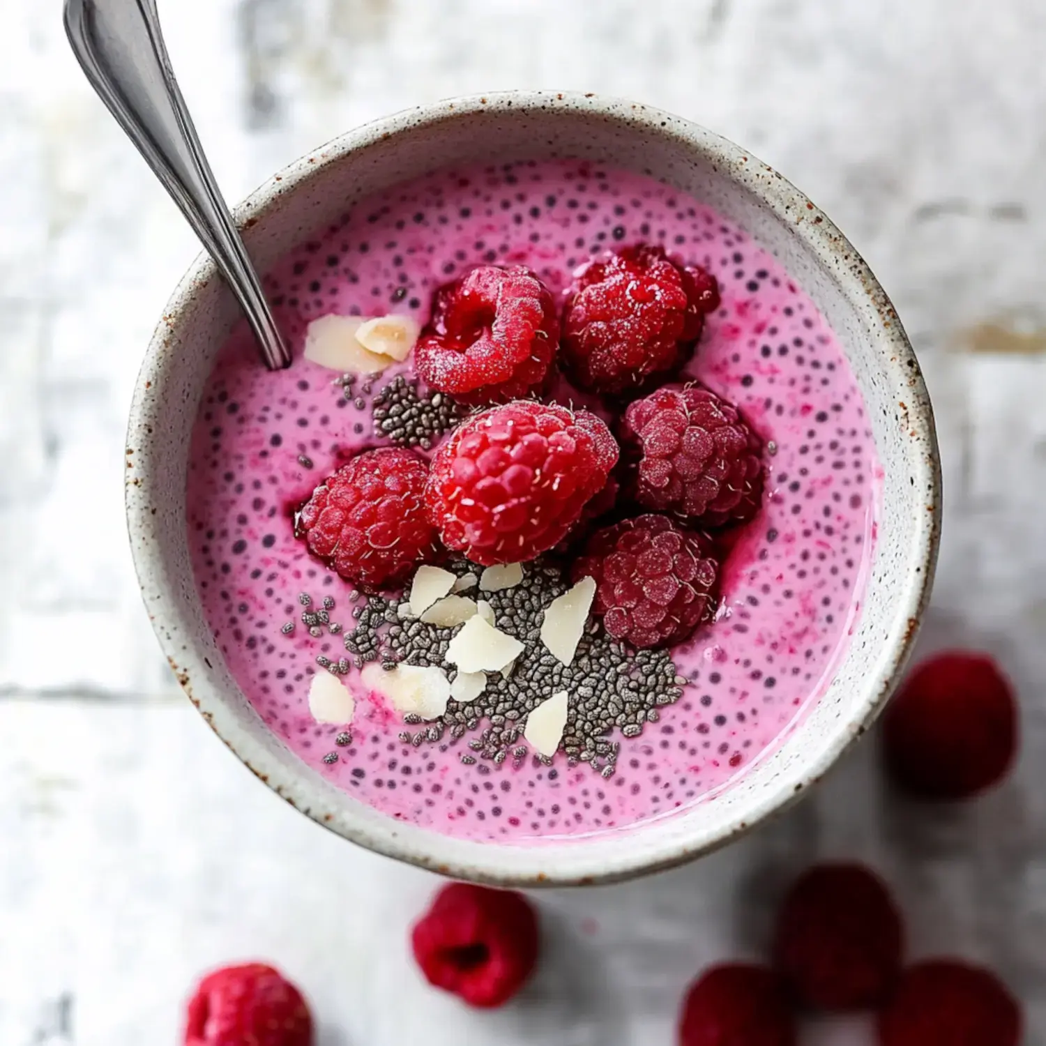 A bowl of pink smoothie topped with fresh raspberries, chia seeds, and slivered almonds, accompanied by a spoon.