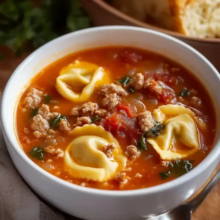 A bowl of hearty soup with tortellini, ground meat, tomatoes, and spinach.