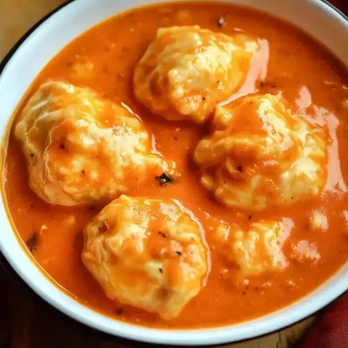 A bowl of soft dumplings in a creamy orange sauce, garnished with spices.