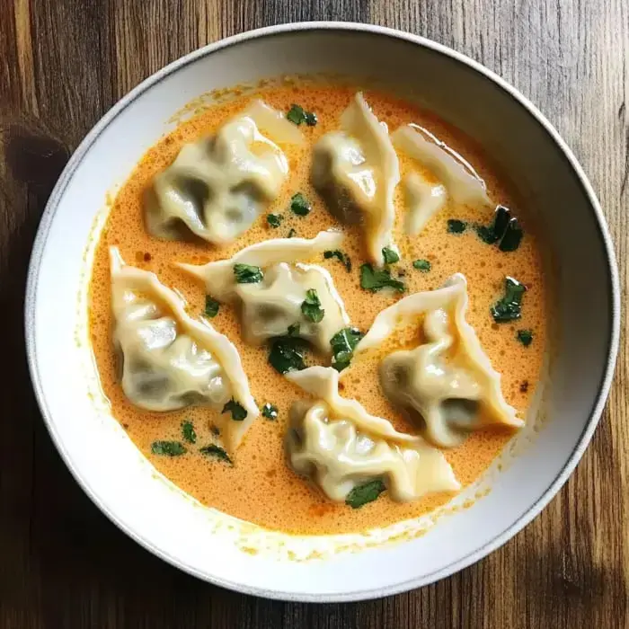 A bowl of dumplings in a creamy orange sauce, garnished with chopped herbs.