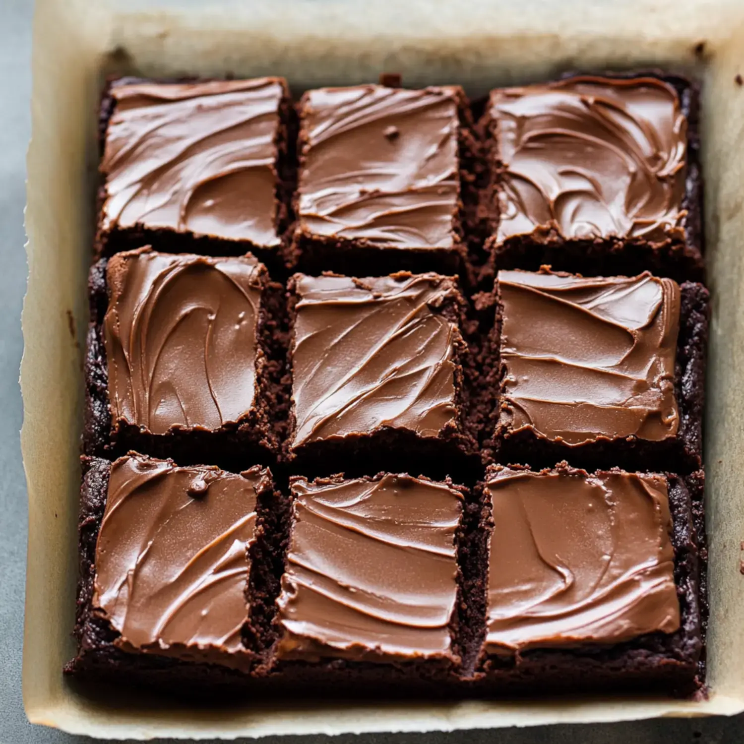 A tray of chocolate brownies, cut into squares and topped with a smooth chocolate frosting.