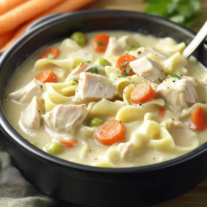 A bowl of creamy chicken noodle soup with pieces of chicken, carrots, peas, and egg noodles garnished with herbs.