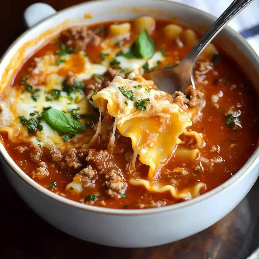 A close-up of a bowl of lasagna soup featuring layers of lasagna noodles, ground meat, cheese, and fresh basil.