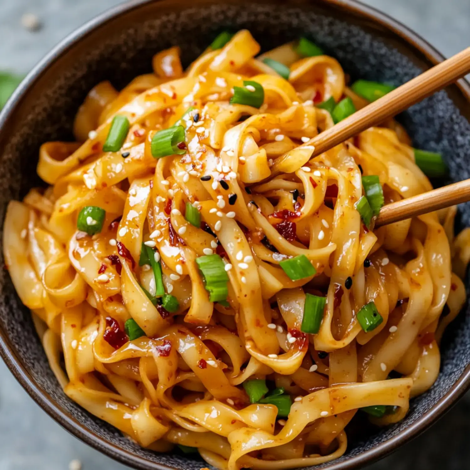 A bowl of sesame soy noodles topped with green onions and chili flakes, with chopsticks placed in the noodles.