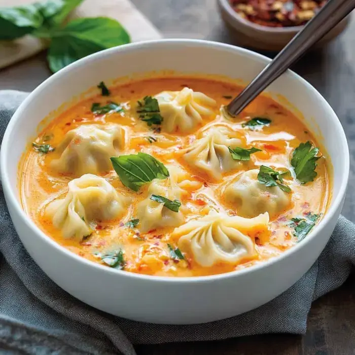 A bowl of creamy orange soup with dumplings, garnished with fresh herbs.