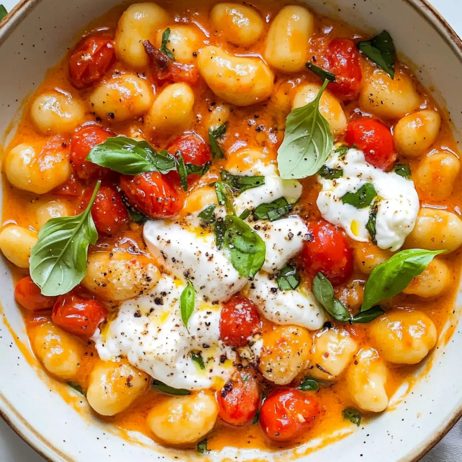 A bowl of gnocchi in a creamy tomato sauce topped with cherry tomatoes, fresh basil, and dollops of mozzarella.