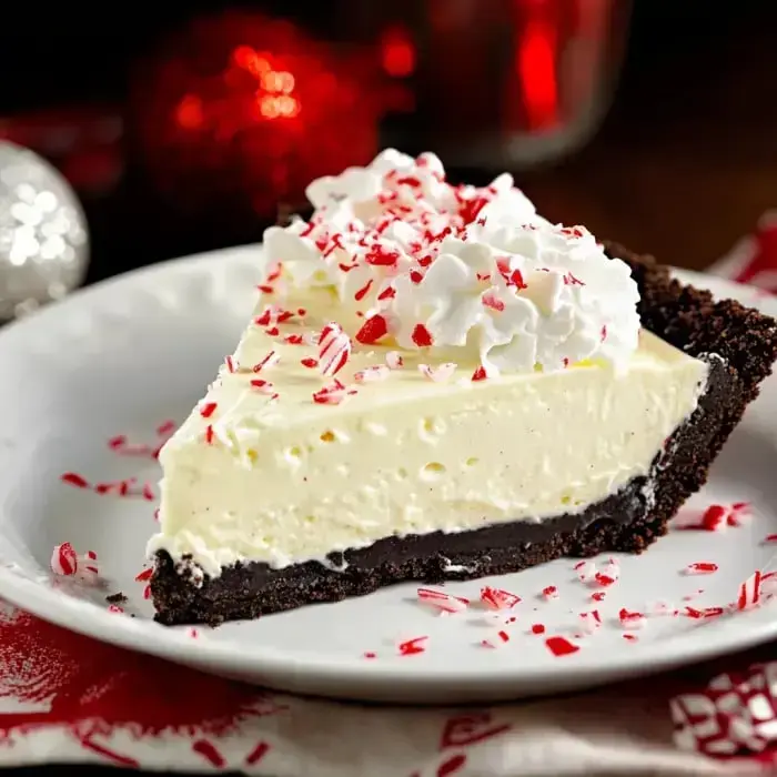 A slice of peppermint pie with whipped cream and crushed candy cane on a decorative plate, set against a festive background.