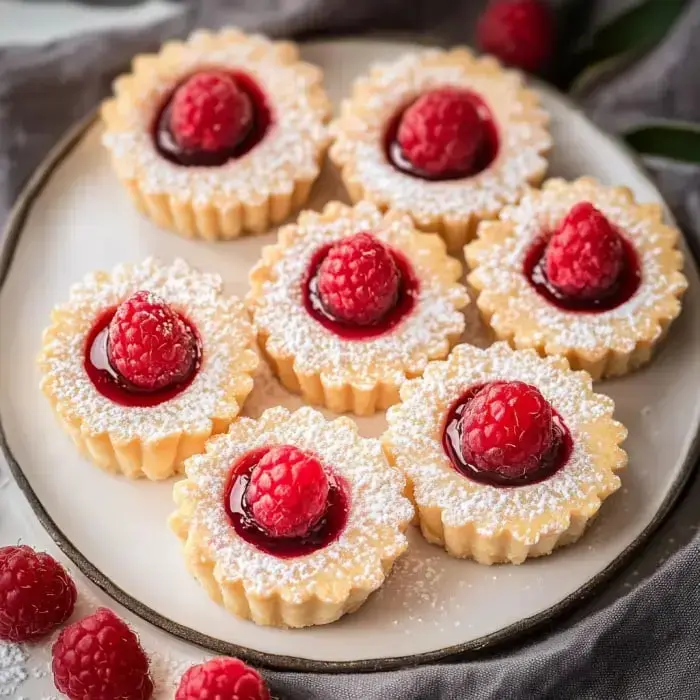 A plate of small pastry cups filled with raspberry jam and topped with fresh raspberries, dusted with powdered sugar.