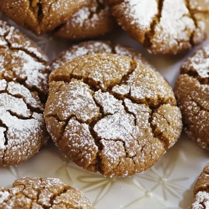 A close-up of freshly baked cookies dusted with powdered sugar, showcasing their cracked surface and golden-brown color.