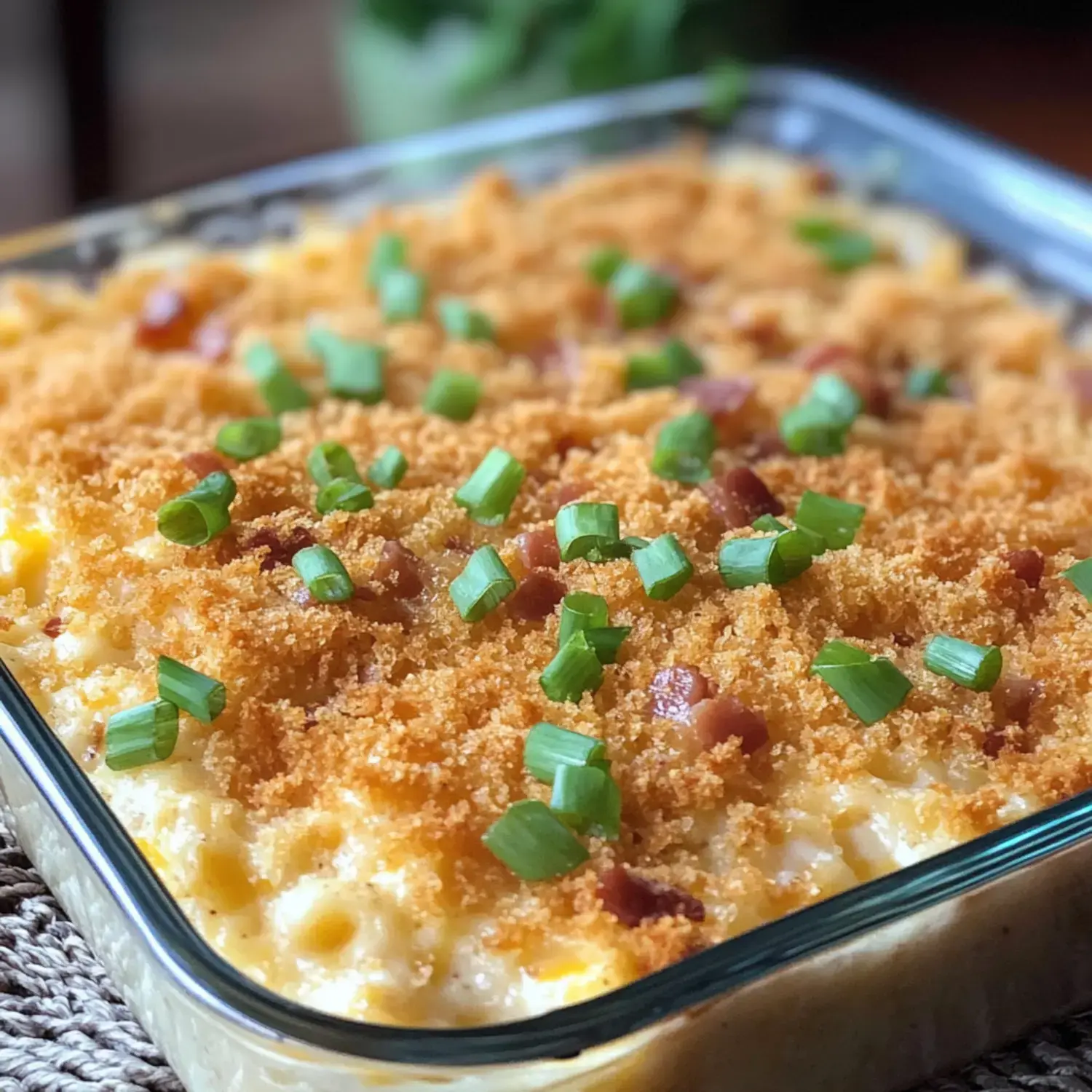 A baked macaroni and cheese dish topped with crispy breadcrumbs and chopped green onions.