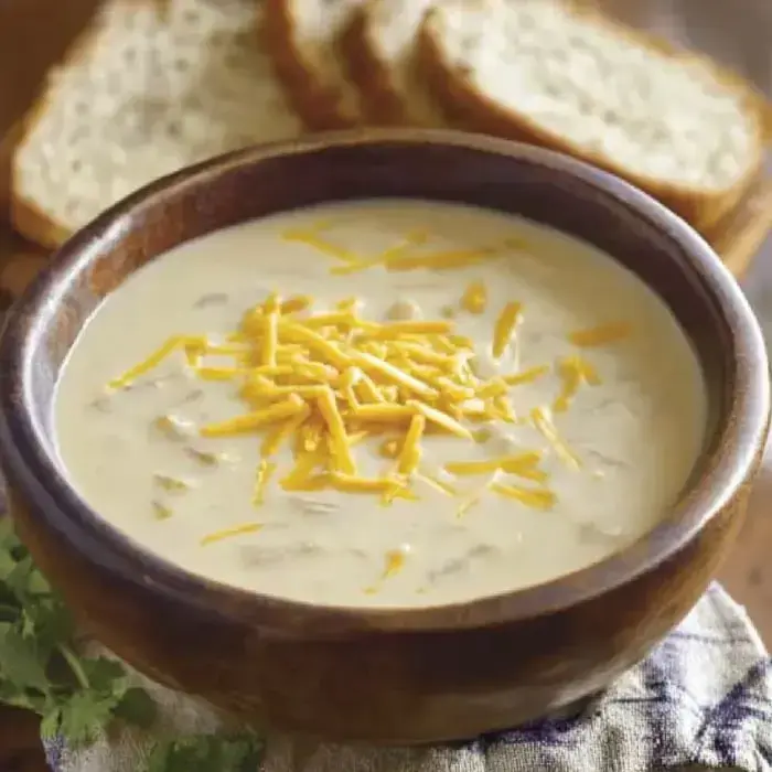 A wooden bowl of creamy soup topped with shredded cheddar cheese, accompanied by slices of bread in the background.