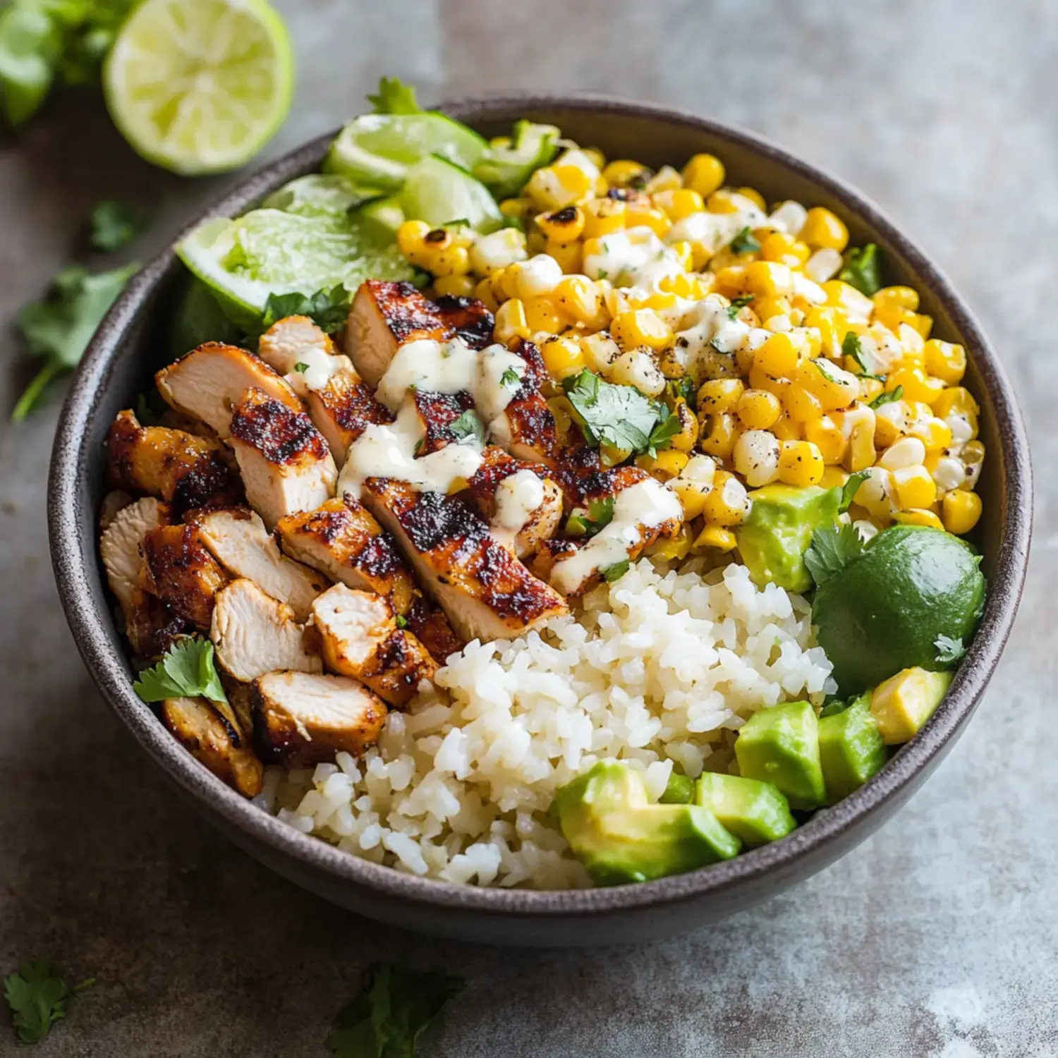 A bowl filled with white rice, grilled chicken strips, corn, avocado, and garnished with lime and cilantro.