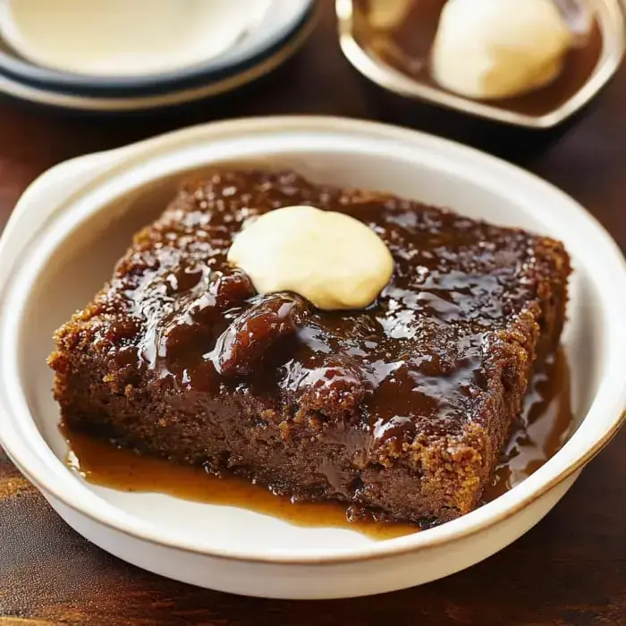 A slice of moist gingerbread cake is topped with a dollop of cream and served in a shallow dish with a rich sauce.