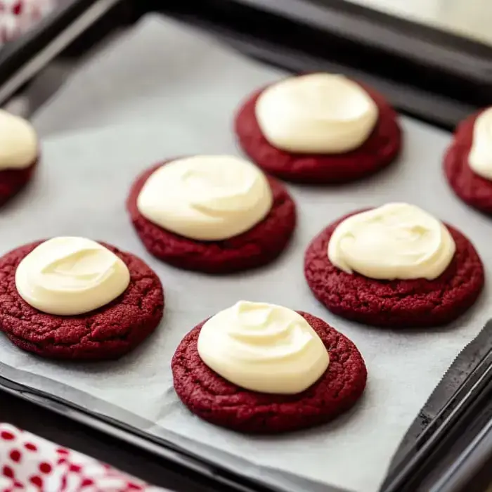 A tray of red velvet cookies topped with creamy white frosting.