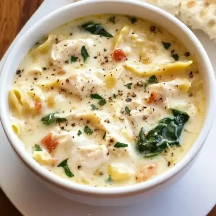 A bowl of creamy chicken noodle soup with vegetables and spices, accompanied by a piece of bread.