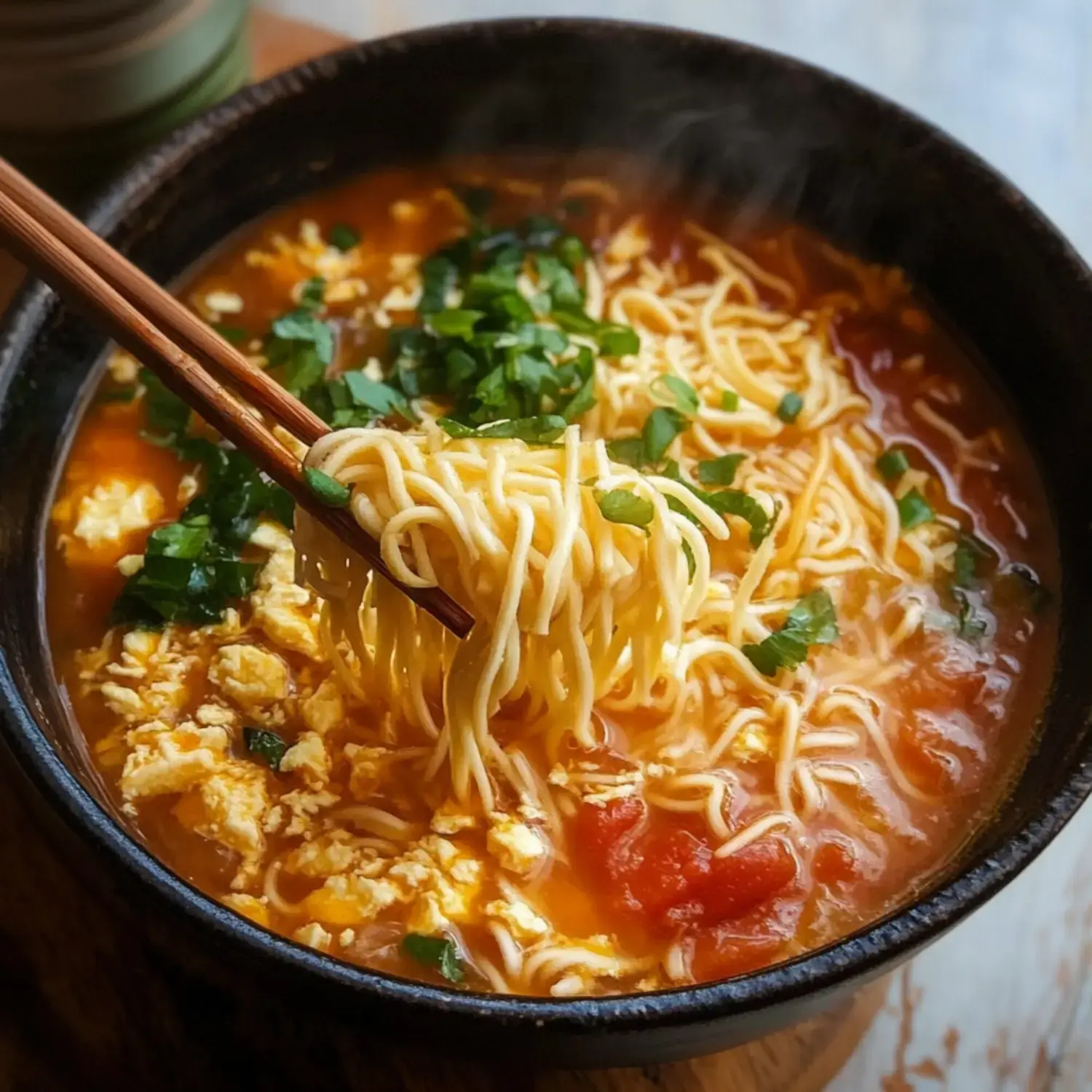 A bowl of steaming noodle soup with chopped greens and egg, held by chopsticks.