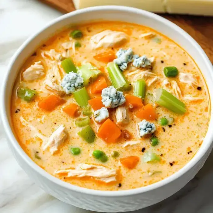 A bowl of creamy soup featuring shredded chicken, diced carrots, celery, green onions, and blue cheese crumbles.