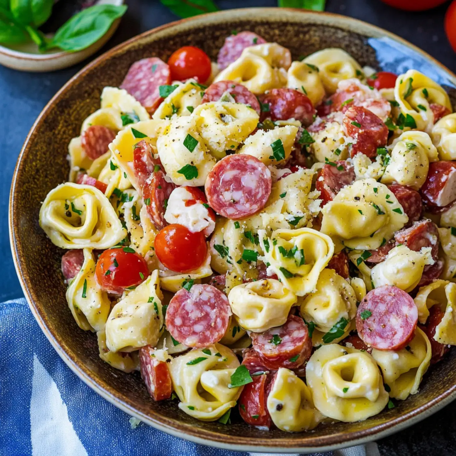 A bowl of tortellini pasta mixed with sliced salami, cherry tomatoes, and garnished with fresh herbs and grated cheese.