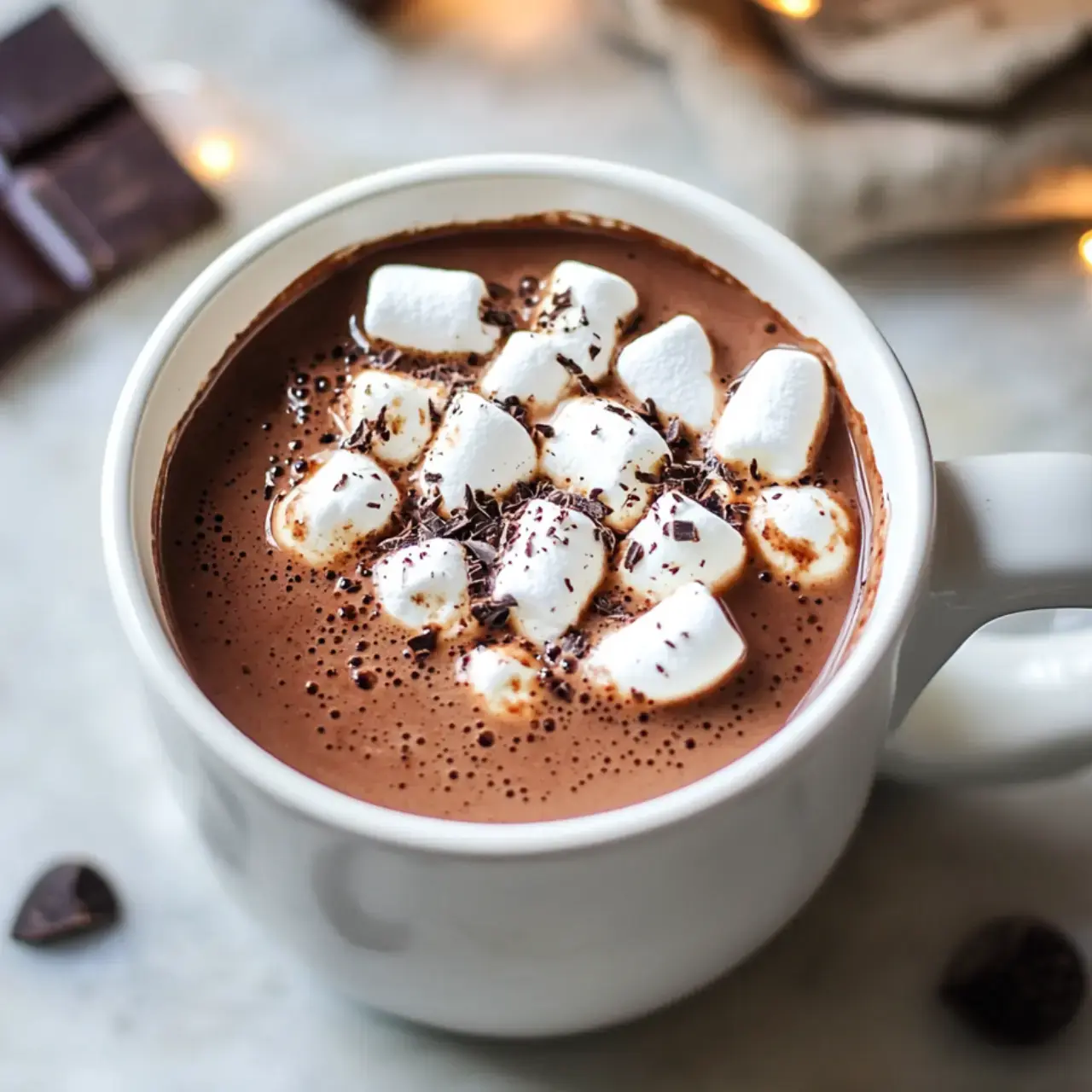 A white mug filled with hot chocolate topped with marshmallows and chocolate shavings, set against a soft, blurred background.