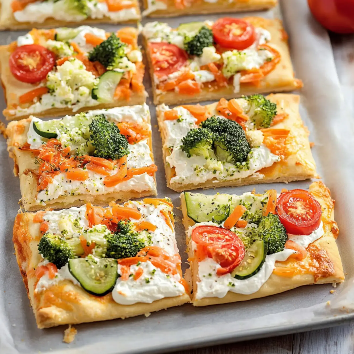 A tray of rectangular vegetable flatbreads topped with a mix of broccoli, tomatoes, carrots, and cucumbers, garnished with cream cheese and herbs.