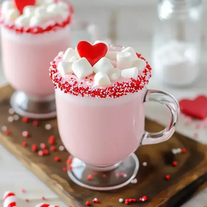 Two decorative cups of pink hot cocoa topped with marshmallows, red and white sprinkles, and heart-shaped candies are arranged on a wooden tray.