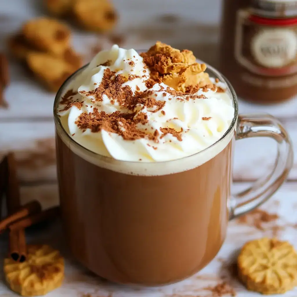 A close-up of a glass mug filled with creamy coffee topped with whipped cream, chocolate shavings, and a dollop of cookie butter, accompanied by scattered cookies and cinnamon sticks.