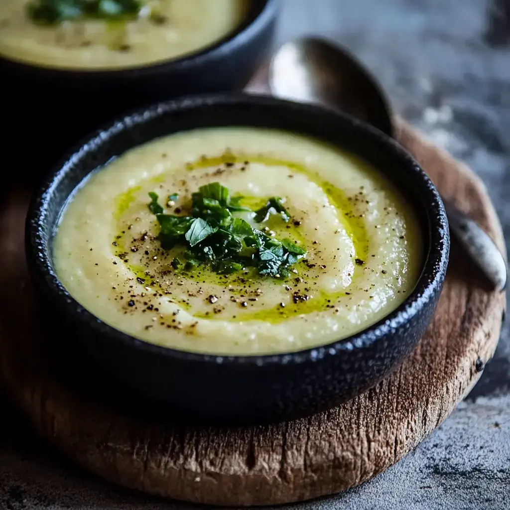 A bowl of creamy soup is garnished with fresh herbs and drizzled with olive oil, sitting on a wooden platter.