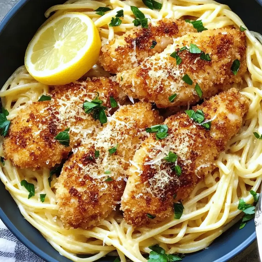 A bowl of spaghetti topped with crispy breaded chicken fillets, grated cheese, fresh parsley, and a slice of lemon.