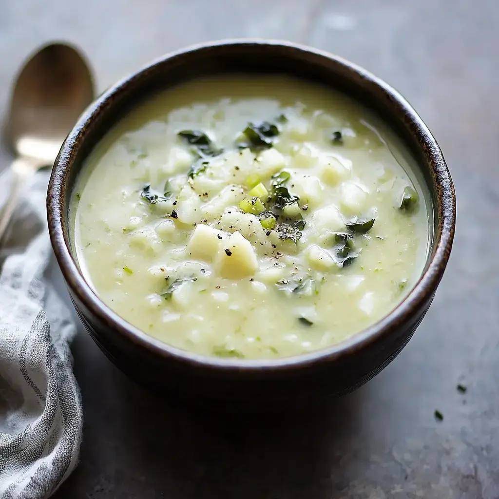 A bowl of creamy potato soup garnished with diced potato and greens, placed on a textured surface next to a linen napkin.