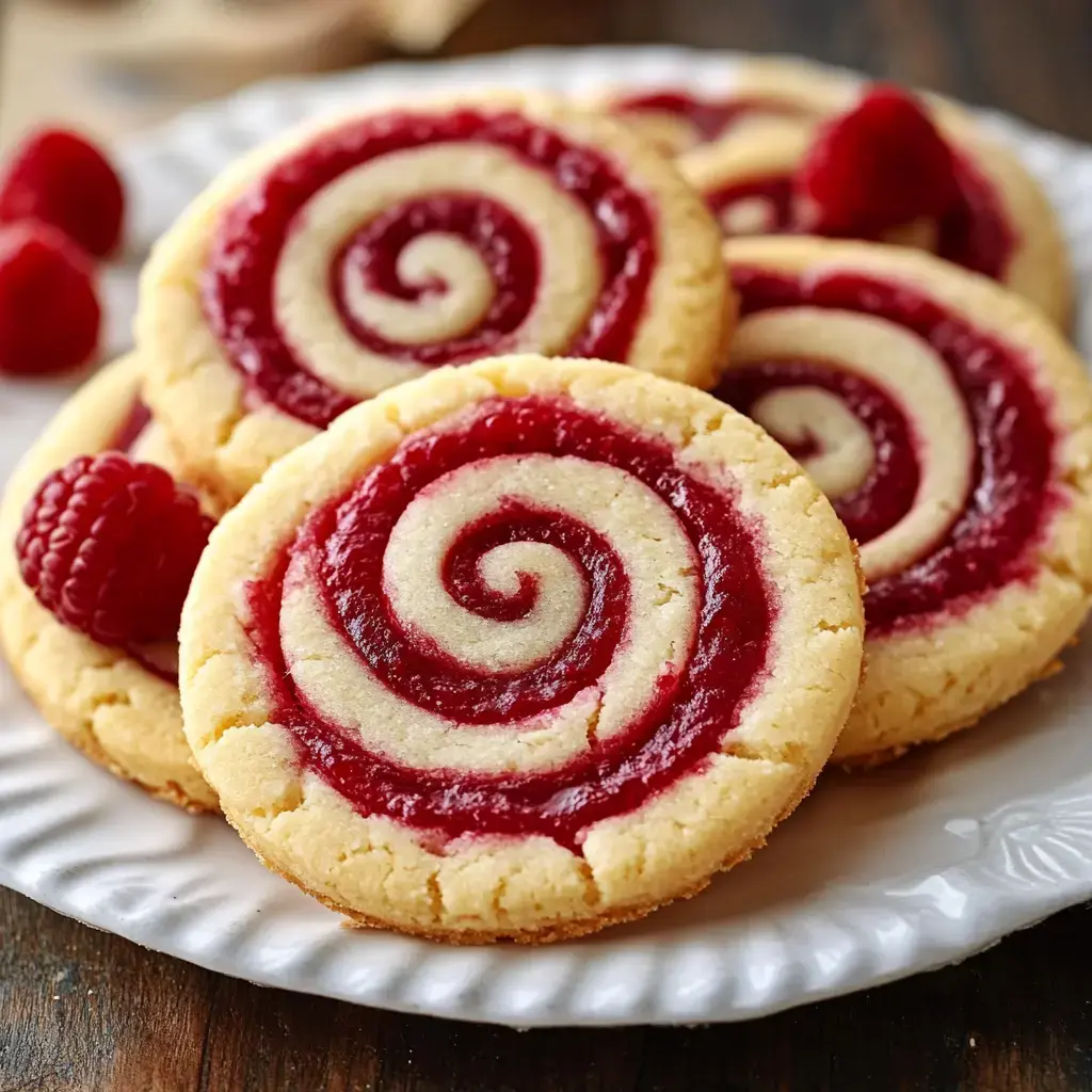 A plate of spiral-shaped raspberry swirl cookies, garnished with fresh raspberries.