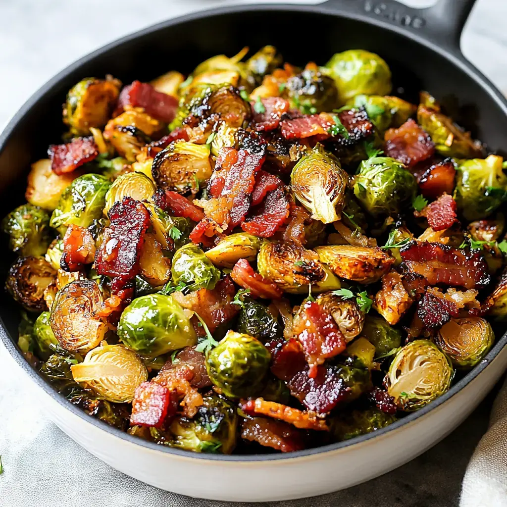 A savory dish of roasted Brussels sprouts mixed with crispy bacon pieces, served in a black skillet.