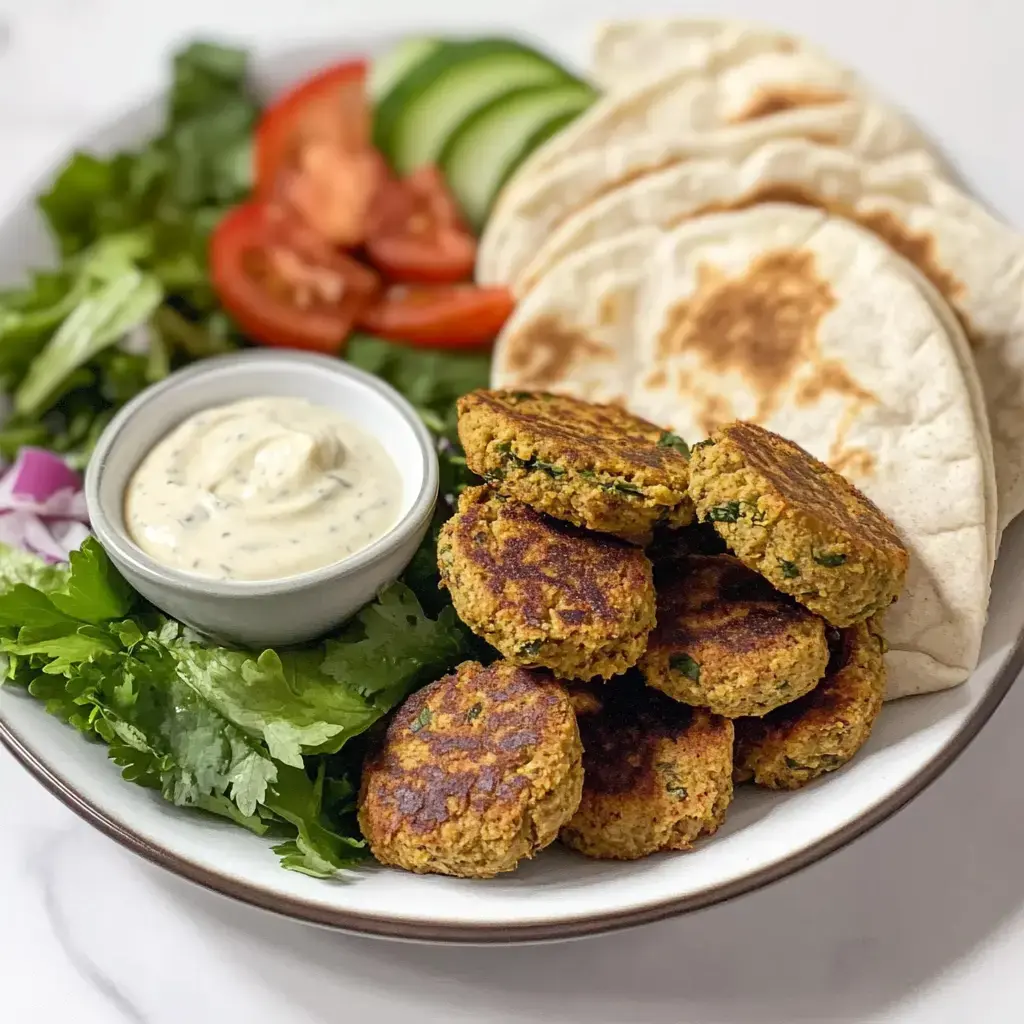 A plate of chickpea patties is arranged with fresh vegetables, pita bread, and a bowl of dipping sauce.