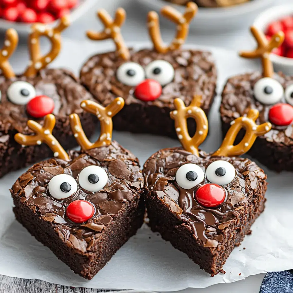 A plate of heart-shaped brownies decorated to resemble reindeer with pretzel antlers, candy eyes, and red candy noses.