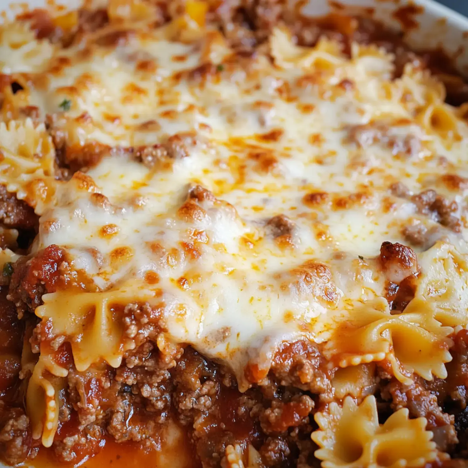 A close-up of a cheesy pasta dish with ground meat and farfalle noodles covered in marinara sauce.