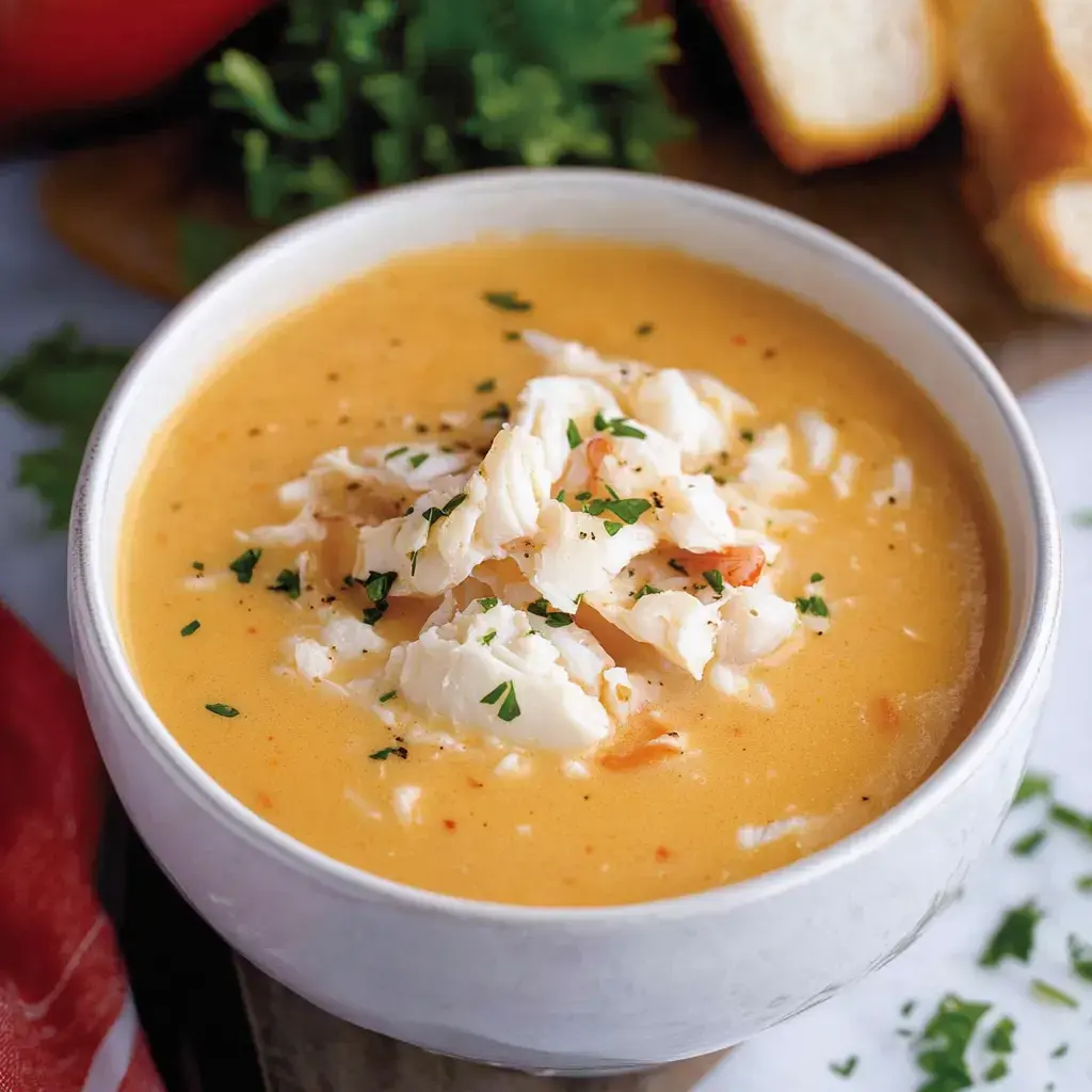 A bowl of creamy seafood soup topped with pieces of fish and garnished with chopped herbs, with bread slices and fresh ingredients in the background.