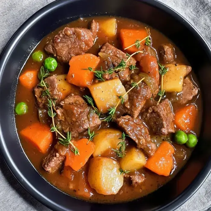 A hearty beef stew with chunks of meat, carrots, potatoes, and peas, garnished with fresh thyme, served in a black bowl.