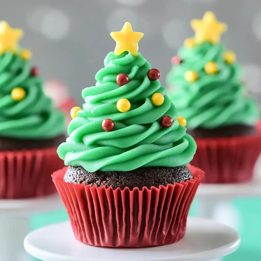 A trio of festive cupcakes decorated to resemble Christmas trees, complete with green frosting, colorful edible ornaments, and a yellow star on top.