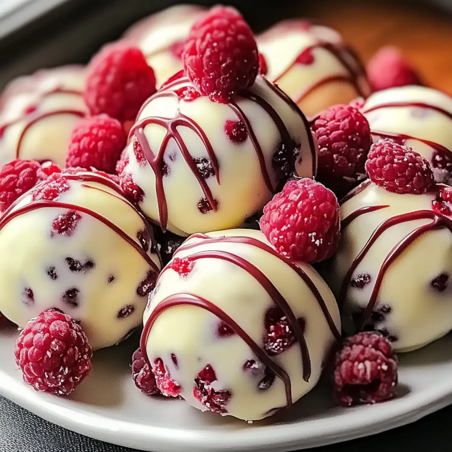 A plate of white chocolate-covered truffles decorated with fresh raspberries and drizzled with chocolate.