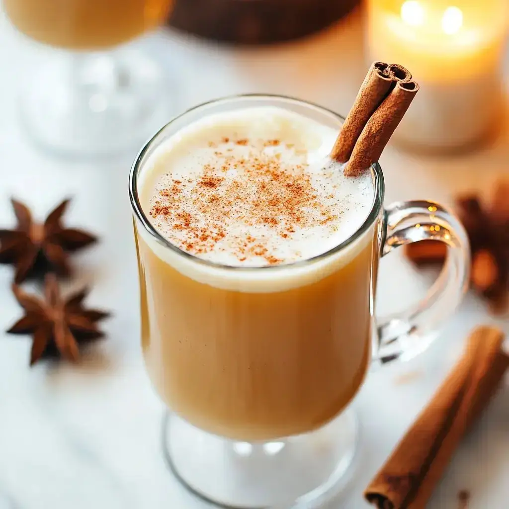 A glass of creamy spiced beverage topped with cinnamon and nutmeg, accompanied by star anise and a cinnamon stick.