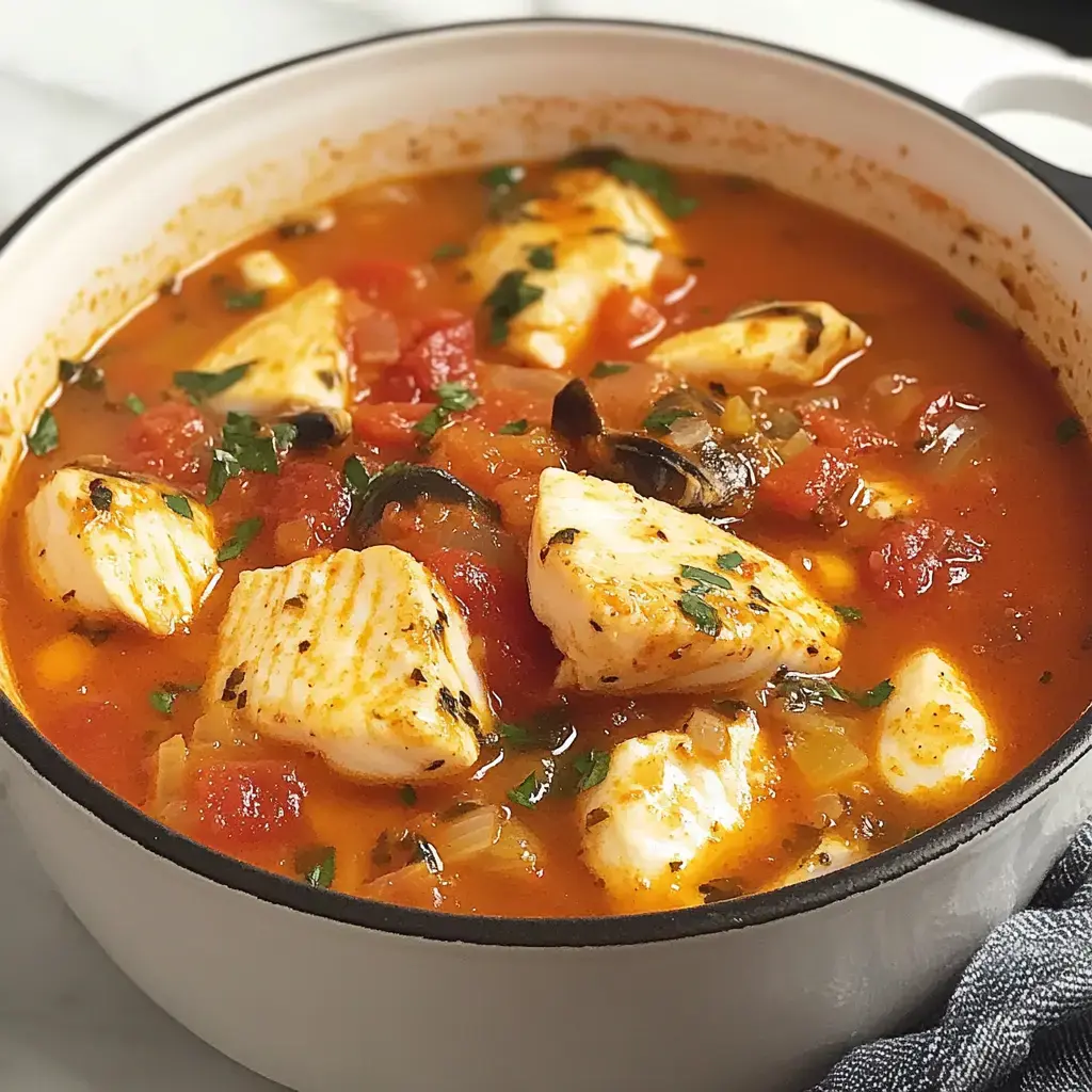 A close-up of a pot of tomato-based soup containing chunks of white fish and garnished with herbs.