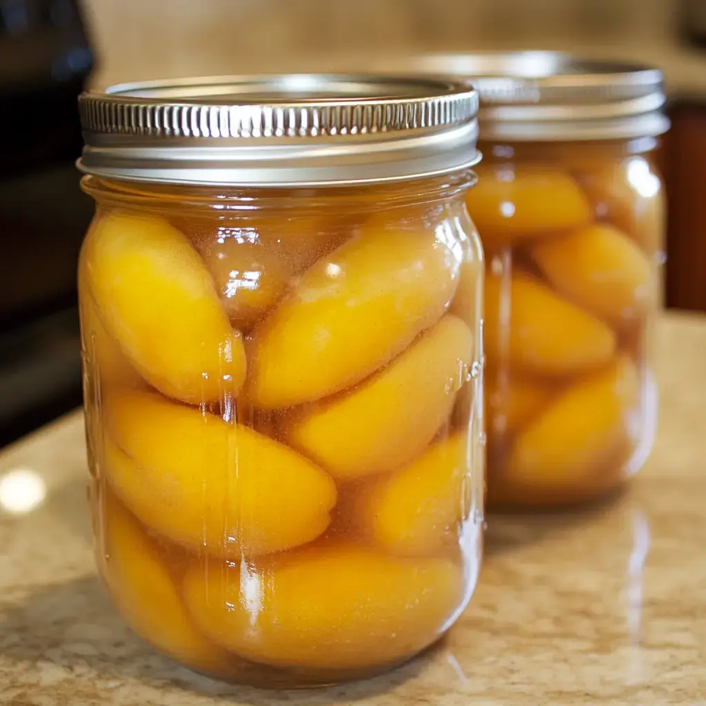 Two jars filled with canned peaches in syrup are displayed on a countertop.