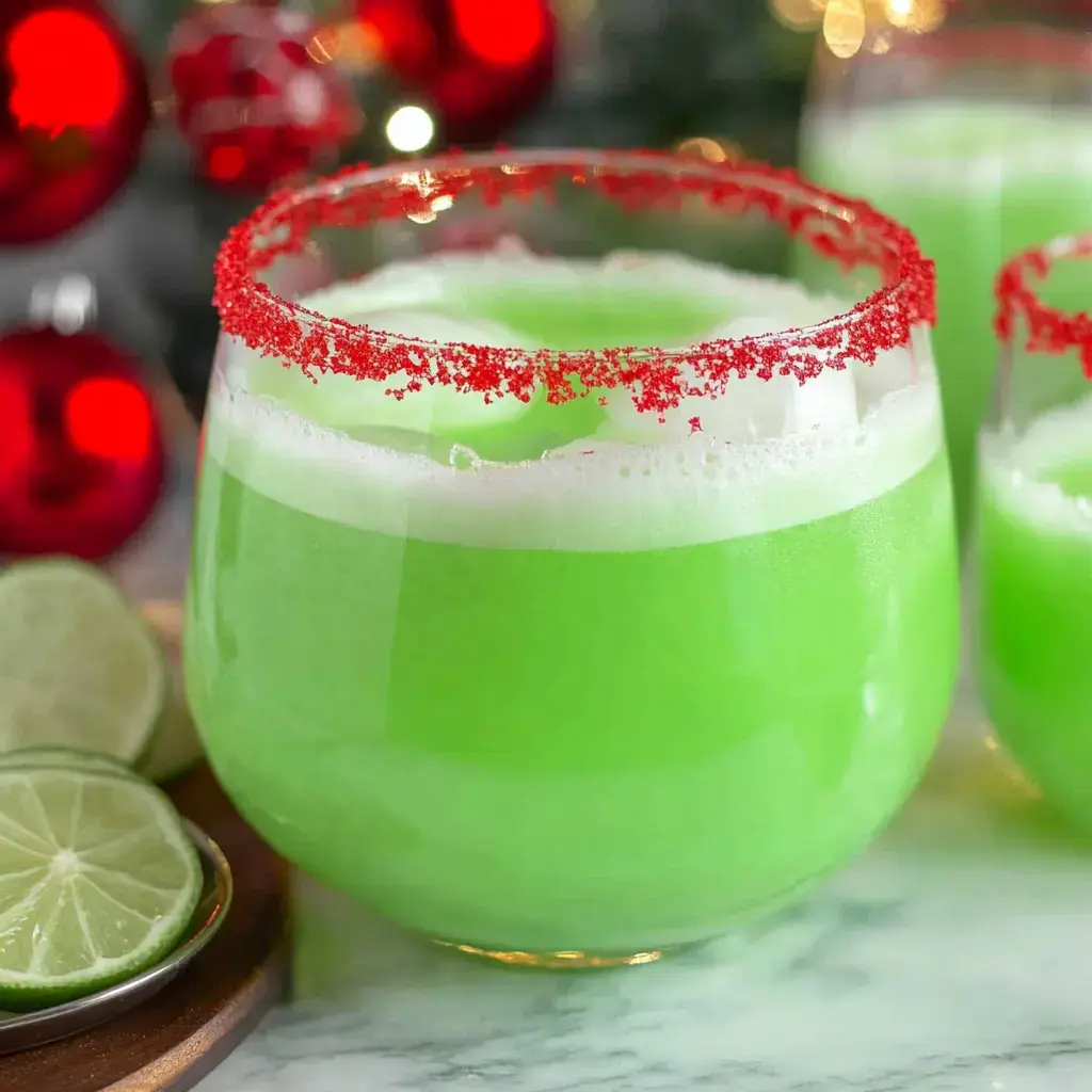 A close-up of green cocktails with a red sugar rim, garnished with lime slices, set against a festive background.