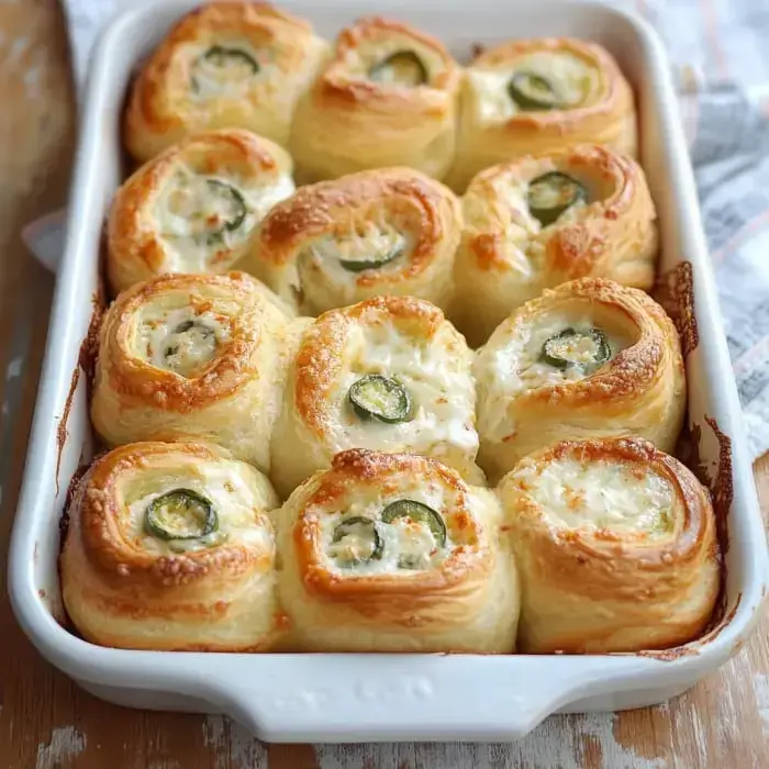 A baking dish filled with golden-brown rolls containing creamy filling and slices of green jalapeños.