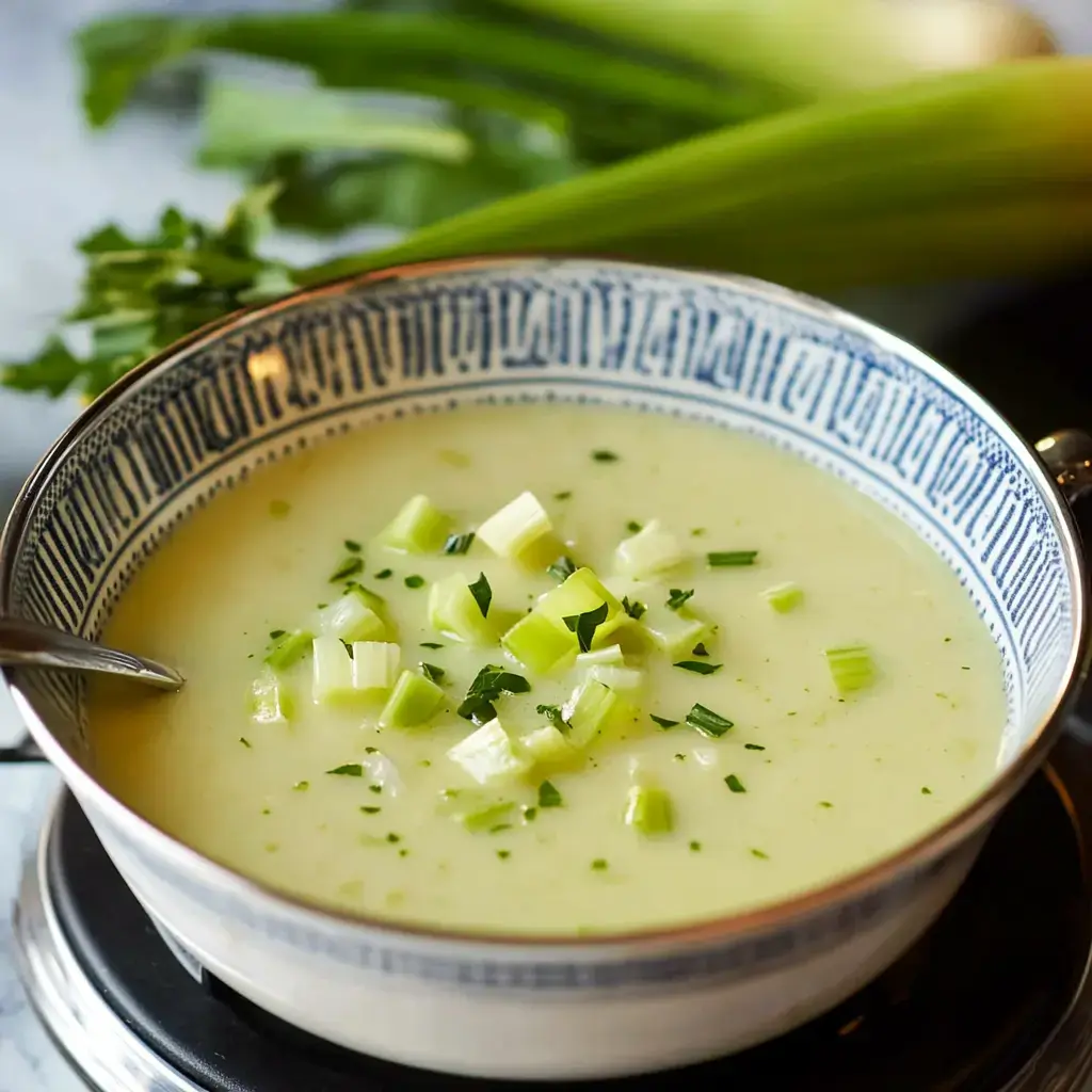 A bowl of creamy soup topped with chopped green onions and parsley, with celery stalks in the background.