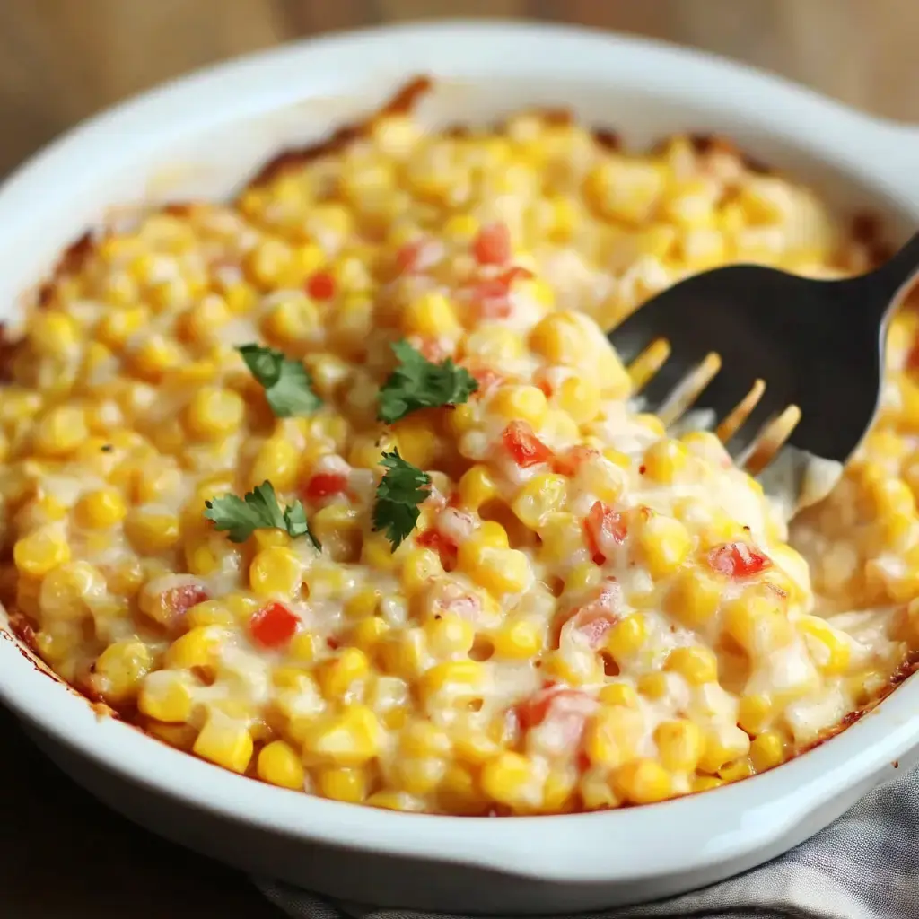 A creamy corn casserole topped with diced tomatoes and garnished with fresh cilantro in a white dish.