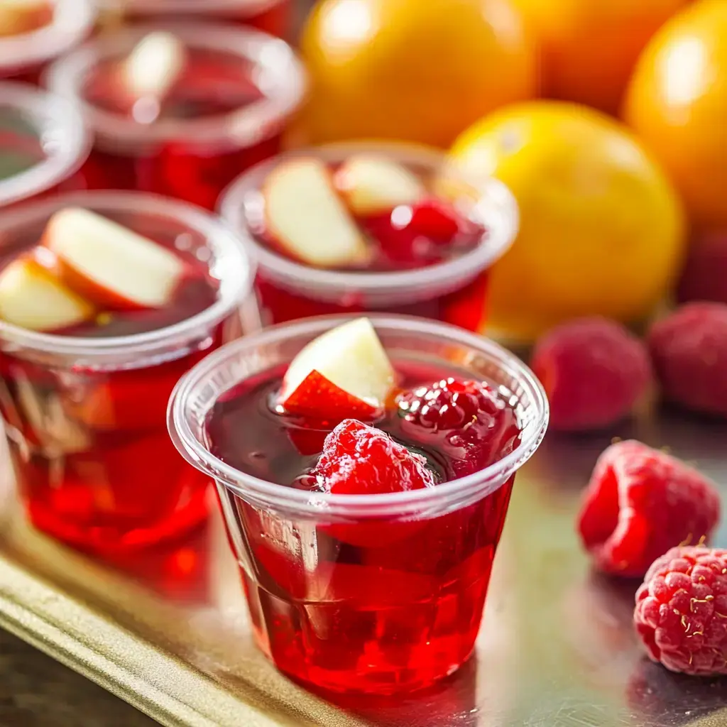 A tray of red jelly cups filled with fruit pieces, accompanied by fresh raspberries and oranges in the background.