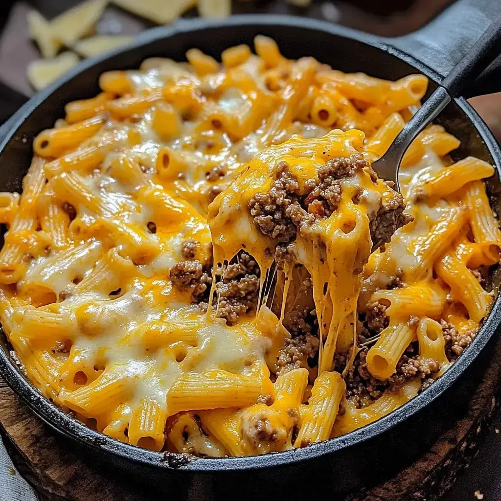 A serving of cheesy pasta with ground beef, garnished and presented in a skillet.