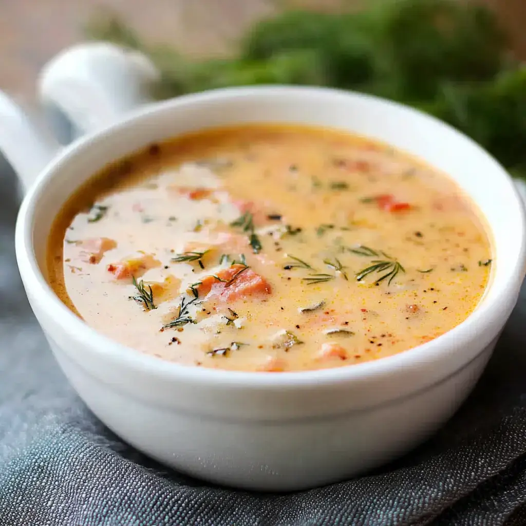 A bowl of creamy soup with diced tomatoes and herbs, resting on a textured gray cloth.